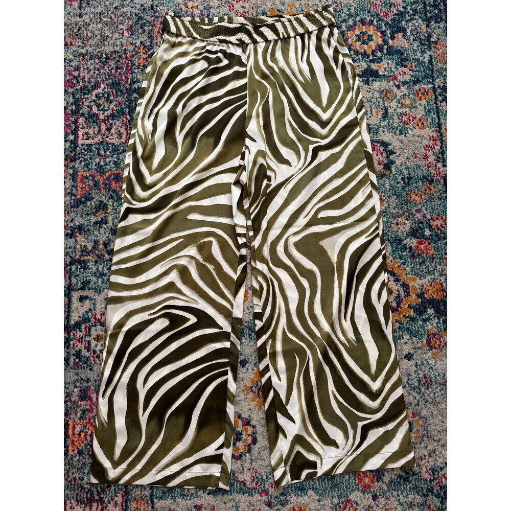 Joie Olive Green Zebra Print Satin Pull On Wide Leg Pants Size L Boho Tropical